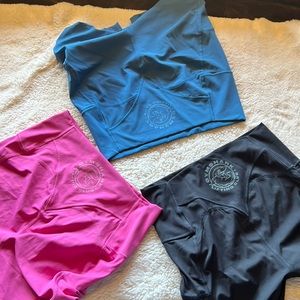 Gymshark ruched shorts. Large. Lakeside blue, deep pink & black.